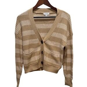 Evereve‎ Striped Waffle Knit Cardigan Tan Beige Cotton Modal V-Neck Small